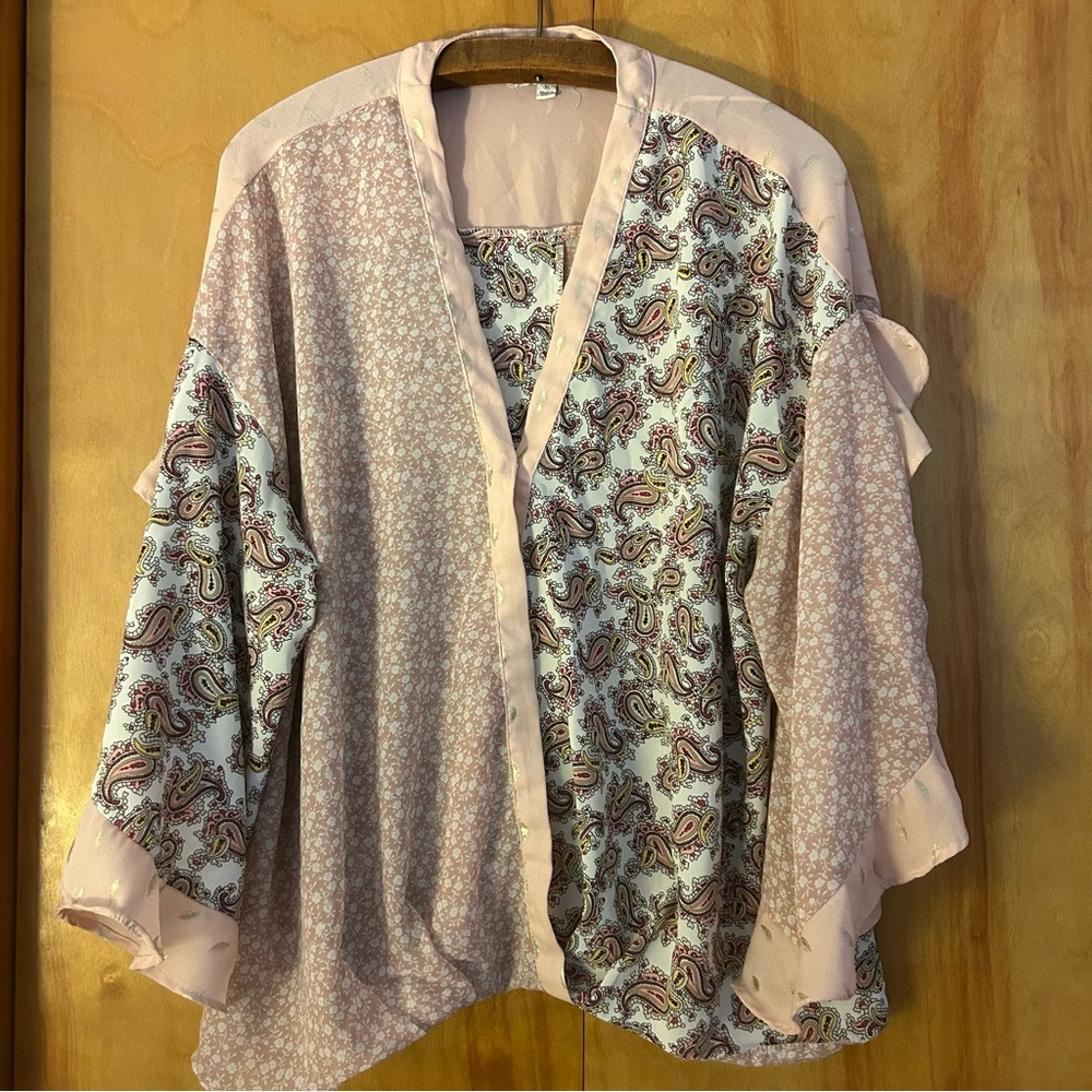 Umgee-XL-Pink Ruffle‎ Long Sleeve Faux Wrap Blouse-Mixed Print-Boho-Fairy